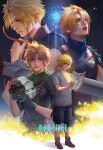  4boys armor belt blonde_hair blood blood_on_clothes blood_on_face blue_eyes blue_shirt boots buster_sword cargo_shorts cloud_strife crisis_core_final_fantasy_vii earrings final_fantasy final_fantasy_vii final_fantasy_vii_advent_children flower full_body gloves hand_on_own_chest helmet high_collar highres holding holding_helmet holding_paper holding_sword holding_weapon jewelry low_ponytail lower_teeth multiple_boys open_collar open_mouth paper shirt shorts shoulder_armor single_earring sleeves_rolled_up smile suspenders sword t-shirt teeth upper_body upper_teeth weapon yang_fan yellow_flower younger 