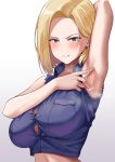  1girl android_18 arm_behind_head arm_up armpits blonde_hair blue_eyes blue_shirt blush breasts button_gap clenched_teeth collared_shirt crop_top dragon_ball dragon_ball_z ear_piercing forehead highres large_breasts looking_at_viewer noumu_(pixiv) piercing presenting_armpit scowl shirt short_hair simple_background sleeveless sleeveless_shirt solo sweat teeth upper_body white_background 