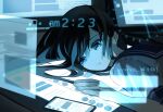  1girl absurdres arm_up artist_name bangs black_hair blue_eyes blue_light cellphone clock closed_mouth computer expressionless frown head_on_table highres holographic_interface long_hair looking_down monitor original phone school_uniform screen short_sleeves solo twintails yoru_410 