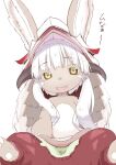  1other :3 :d animal_ears fang furry green_eyes helmet horizontal_pupils horns karochii looking_at_viewer made_in_abyss nanachi_(made_in_abyss) pants puffy_pants rabbit_ears red_pants sidelocks simple_background sitting smile solo white_background white_hair 