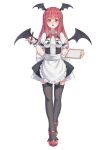  1girl :d absurdres alternate_costume apron bangs bat_wings black_legwear blunt_bangs blush breasts clipboard eyebrows_visible_through_hair full_body garter_straps happy head_wings highres holding holding_clipboard holding_pen koakuma littiecy long_hair looking_at_viewer open_mouth pen puffy_short_sleeves puffy_sleeves red_eyes red_hair shirt shoes short_sleeves skirt smile solo thighhighs touhou waitress wings wrist_cuffs zettai_ryouiki 