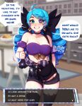  1girl alternate_costume artist_name bangs bare_shoulders black_bow black_choker black_shorts blue_hair blushy-pixy bow breasts choker cleavage collarbone drill_hair english_text grin gwen_(league_of_legends) hair_bow highres holding indoors kitchen large_breasts league_of_legends long_hair looking_at_viewer navel shorts smile solo speech_bubble twin_drills twintails 