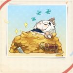  1girl black_scarf chibi drooling genshin_impact gold_coin hair_ornament long_sleeves mechanical_halo official_art paimon_(genshin_impact) scarf short_hair sleeping sword treasure_chest weapon white_hair zzz 