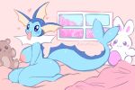  &lt;3 anthro areola bedding blue_body breasts butt cherry_blossom eeveelution female looking_at_viewer nintendo nipples nude plant plushie pok&eacute;mon pok&eacute;mon_(species) pukemilked solo tongue tongue_out vaporeon video_games window 