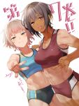  2girls :d black_hair blush breasts brown_eyes buruma cameltoe dark-skinned_female dark_skin karochii looking_at_viewer medium_breasts midriff multiple_girls navel open_mouth original pink_hair red_buruma short_hair simple_background smile sports_bra toned w white_background 