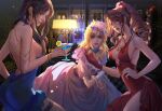  1boy 2girls aerith_gainsborough ass backless_dress backless_outfit black_hair blonde_hair blue_dress blue_eyes bracelet breasts brown_eyes brown_hair cleavage cloud_strife cocktail_glass collarbone crossdressing cup curly_hair dress drinking_glass earrings final_fantasy final_fantasy_vii flower frilled_dress frills gloves green_eyes hair_flower hair_ornament hand_on_hip holding holding_cup jewelry lamp lipstick long_dress long_hair makeup medium_breasts medium_hair multiple_girls necklace parted_lips pearl_necklace pendant_choker ponytail puffy_short_sleeves puffy_sleeves purple_dress red_dress red_gloves short_dress short_sleeves single_glove thigh_strap tifa_lockhart upper_body yang_fan 