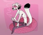  anthro bottomwear cadaverrdog chest_tuft ciggarate clothing denim denim_clothing ear_piercing ear_ring fangs fur hair inner_ear_fluff jeans jewelry lux_(cadaverrdog) male mammal multicolored_hair mustela mustelid musteline necklace pants piercing pink_background shirtless shirtless_anthro shirtless_male simple_background smoking smoking_tobacco solo tinted_glasses true_musteline tuft two_tone_hair white_body white_fur 