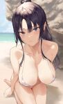  1girl bangs bare_shoulders barefoot beach bikini black_hair blue_eyes blurry blush breasts cleavage collarbone highres hiiragi_yuuichi kneeling large_breasts long_hair looking_at_viewer ocean original outdoors ponytail solo swimsuit thighs 