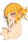  1girl :d absurdres bangs blonde_hair blunt_bangs blush boku_no_hero_academia breasts completely_nude cropped_torso eyebrows_visible_through_hair fang hair_bun highres medium_breasts nude open_mouth rasusurasu sidelocks simple_background skin_fang smile solo toga_himiko v-shaped_eyebrows white_background yellow_eyes 