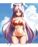  1girl animal_ears bangs bare_arms bikini blue_sky breasts caustics cleavage cloud collarbone cowboy_shot creape cropped_legs cumulonimbus_cloud day eyebrows_visible_through_hair groin halterneck highres horizon large_breasts letterboxed long_hair looking_at_viewer navel outdoors outside_border purple_hair rabbit_ears red_bikini red_eyes reisen_udongein_inaba sky solo standing swimsuit touhou very_long_hair wading water 