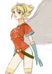  1girl angel_wings armor blonde_hair blue_eyes breath_of_fire breath_of_fire_i closed_mouth elbow_gloves feathered_wings gloves hairband highres kannoaki leotard looking_at_viewer nina_(breath_of_fire_i) red_leotard short_hair simple_background solo thighhighs white_background white_wings wings 