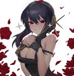  1girl absurdres bangs bare_shoulders black_hair blush breasts cai_bi cleavage flat_chest flower grin hairband highres holding holding_weapon looking_at_viewer red_eyes rose simple_background smile solo spy_x_family weapon white_background yor_briar 