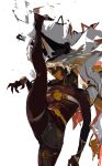  1girl bangs beltbra blonde_hair breasts cape claws dark-skinned_female dark_skin guilty_gear guilty_gear_xrd hat highres leg_up long_hair medium_breasts multicolored_hair orange_eyes orange_hair profile ramlethal_valentine shorts simple_background sketch solo thigh_strap white_background white_headwear xindixu702 