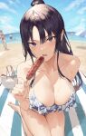  absurdres bag bangs bare_shoulders barefoot beach bikini black_hair blue_eyes blurry blush breasts cleavage collarbone depth_of_field food highres hiiragi_yuuichi kneeling large_breasts long_hair looking_at_viewer ocean original outdoors parted_lips ponytail shoulder_bag solo_focus swimsuit thighs 