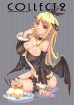  1girl bangs black_babydoll black_choker black_panties black_sleeves black_wings blonde_hair blush breasts brown_horns cake choker cleavage commentary_request cover cover_page covered_nipples demon_girl demon_wings detached_sleeves doujin_cover ear_chain eating eyebrows_visible_through_hair food full_body grey_background horns jack-o&#039;-lantern kawagoe_pochi large_breasts leg_garter long_hair looking_at_viewer navel open_mouth panties pointy_ears ragnarok_online red_eyes sitting solo striped striped_background succubus_(ragnarok_online) underwear wings yokozuwari 