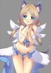  1girl alternate_color animal_ear_fluff animal_ears bangle bangs bikini blonde_hair blue_bikini blue_bow blue_eyes blush bow bracelet breast_squeeze breasts cat_ears cat_tail cleavage closed_mouth commentary_request cowboy_shot feathered_wings grey_background jewelry kawagoe_pochi large_bow large_breasts long_hair looking_at_viewer mismatched_bikini navel own_hands_together ragnarok_online simple_background solo swimsuit tail wanderer_(ragnarok_online) white_bikini white_wings wings 