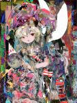  1girl abstract abstract_background american_flag_dress american_flag_legwear anabone bangs blonde_hair clownpiece fairy fairy_wings hat highres jester_cap long_hair moon neck_ruff notice_lines open_mouth polka_dot raised_eyebrows red_eyes solo touhou wings 