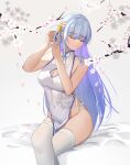  1girl adjusting_hair alternate_costume baige0 bangs bare_arms bare_shoulders blue_hair blue_nails blunt_bangs branch breasts china_dress chinese_clothes cleavage cleavage_cutout closed_eyes closed_mouth clothing_cutout covered_navel crossed_legs dress eyebrows_visible_through_hair flower genshin_impact groin hair_flower hair_ornament hair_rings highres kamisato_ayaka large_breasts long_hair nail_polish no_panties pelvic_curtain petals simple_background sitting sleeveless sleeveless_dress smile solo thighhighs very_long_hair white_background white_dress white_legwear 