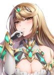  1girl arm_armor armor armored_dress bangs bare_shoulders black_gloves blonde_hair blush breasts chest_jewel cleavage cleavage_cutout closed_mouth clothing_cutout dress drop_earrings earrings frown gloves hand_on_own_chin jewelry large_breasts long_hair looking_at_viewer mythra_(xenoblade) solo swept_bangs ten_(tenchan_man) tiara two-tone_gloves upper_body white_background white_dress white_gloves xenoblade_chronicles_(series) xenoblade_chronicles_2 yellow_eyes 