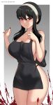  1girl absurdres apron black_hair blood blush breasts cleavage closed_mouth hairband hands_up highres hioyami large_breasts naked_apron red_eyes red_nails solo spy_x_family thighs yor_briar 