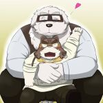  &lt;3 2022 anthro belly big_belly big_body black_nose blush canid canine canis domestic_dog duo embrace emufu eyes_closed hug hugging_from_behind humanoid_hands kemono male male/male mammal overweight overweight_male sitting size_difference white_body 