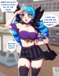 1girl alternate_costume artist_name bangs bare_shoulders black_bow black_shorts blue_hair blushy-pixy bow breasts cleavage collarbone commentary drill_hair english_text gwen_(league_of_legends) hair_bow highres indoors kitchen large_breasts league_of_legends long_hair navel shorts solo speech_bubble twin_drills twintails 