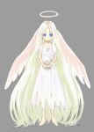  1girl angel_wings bangs barefoot blonde_hair blue_eyes blush closed_mouth commentary_request dress expressionless full_body grey_background halo holding holding_skull kawagoe_pochi long_hair looking_at_viewer mistress_of_shelter ragnarok_online simple_background skull solo very_long_hair white_dress wings 
