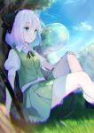  1girl blue_sky closed_mouth cloud cloudy_sky grass green_eyes green_skirt green_vest headband katana konpaku_youmu lying on_back rei_(farta_litia) sheath sheathed short_hair short_sleeves sitting skirt sky solo sword touhou tree vest weapon white_hair white_legwear 