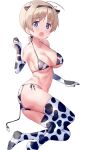  1girl ahoge animal_ears animal_print ass bikini blue_eyes blush breasts brown_hair cleavage cow_ears cow_girl cow_horns cow_print cow_tail elbow_gloves fake_animal_ears fake_horns fake_tail gloves highres horns large_breasts looking_at_viewer lynette_bishop mejina navel open_mouth shiny shiny_hair simple_background smile solo strike_witches swimsuit tail thighhighs white_background world_witches_series 