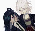  2boys :d bangs black_hair black_jacket blush brown_eyes chain closed_mouth collar collared_shirt danganronpa_(series) danganronpa_another_episode:_ultra_despair_girls green_necktie grey_background jacket kamukura_izuru komaeda_nagito long_hair looking_at_another medium_hair messy_hair metal_collar mittens multiple_boys necktie open_clothes open_jacket open_mouth red_eyes sema_(vivaviva_02) servant_(danganronpa) shiny shiny_hair shirt simple_background smile striped striped_shirt upper_body white_hair 