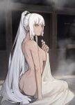  1girl absurdres ass bangs bare_shoulders breasts butt_crack closed_mouth dark-skinned_female dark_skin eyebrows_visible_through_hair green_eyes grey_hair highres holding long_hair looking_at_viewer medium_breasts naked_towel nude ponytail rusellunt shagal_(gogalking) solo towel very_long_hair 