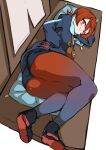  arezu_(pokemon) ass bangs blue_hoodie bob_cut breasts gradient gradient_legwear highres hood hoodie huuuna legwear_under_shorts pantyhose pokemon pokemon_(game) pokemon_legends:_arceus red_eyes red_hair short_hair shorts swept_bangs two-tone_legwear 