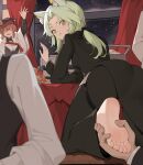  2boys 2girls :d absurdres animal_ear_fluff animal_ears arknights ass barefoot black_dress black_jacket black_pants black_vest blurry blurry_foreground blush breasts cat_ears closed_mouth cup depth_of_field dress drinking_glass ears_through_headwear faceless faceless_female feet formal grabbing green_eyes green_hair heidi_(arknights) hetero highres indoors jacket kal&#039;tsit_(arknights) long_hair long_sleeves looking_back low_ponytail medium_breasts multiple_boys multiple_girls official_alternate_costume open_mouth pants red_headwear shirt smile snowing soles suit thigh_strap toes v-shaped_eyebrows vest waving white_shirt window xssh 