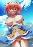  1girl ambasa areolae bangs blue_sky bottomless breast_grab breasts cloud cowboy_shot female_pubic_hair grabbing grin hair_bobbles hair_ornament highres large_breasts looking_at_viewer nipples obi onozuka_komachi outdoors partially_submerged pubic_hair pussy red_eyes red_hair sash sky smile solo standing touhou two_side_up 