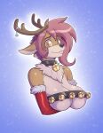  2022 anthro antlers armwear bell bell_collar big_breasts black_nose breasts brown_body brown_fur bust_portrait capreoline cervid cleavage clothed clothing collar conditional_dnp dazzler_(kadath) digital_media_(artwork) ear_piercing eyeshadow female fur fur_trim_(clothing) hair hi_res horn jingle_bell kadath looking_at_viewer makeup mammal piercing pink_hair portrait reindeer shaded smile solo under_boob 