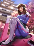  1girl absurdres animal_print ass blue_bodysuit bodysuit breasts brown_eyes brown_hair bunny_print d.va_(overwatch) facepaint facial_mark full_body fully_clothed gloves headphones highres kokonattsu long_hair looking_at_viewer medium_breasts meka_(overwatch) overwatch pilot_suit ribbed_bodysuit solo very_high_resolution whisker_markings white_gloves 