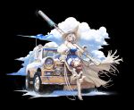  1girl agoto alchemy_stars azure_(alchemy_stars) bare_shoulders black_background blue_eyes boots breasts brown_legwear car cleavage cloud ground_vehicle gun hat high_heels highres holding holding_gun holding_weapon large_breasts looking_at_viewer motor_vehicle official_art short_hair silver_hair simple_background solo thighhighs weapon 