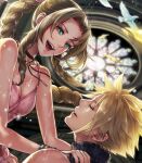  1boy 1girl aerith_gainsborough bangs bare_arms bird blonde_hair blue_shirt bracelet braid braided_ponytail breasts brown_hair choker church cleavage closed_eyes cloud_strife couple dress earrings falling_petals final_fantasy final_fantasy_vii final_fantasy_vii_remake green_eyes halu-ca hands_on_another&#039;s_shoulders jewelry medium_breasts open_mouth parted_bangs parted_lips petals pink_dress rain shirt sidelocks single_earring sleeveless sleeveless_turtleneck smile spiked_hair stained_glass teeth turtleneck upper_body upper_teeth 