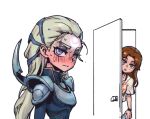  2girls :o alternate_costume armor bangs blush brown_eyes brown_hair can closed_mouth diana_(league_of_legends) door grey_hair grey_shirt holding holding_can league_of_legends leona_(league_of_legends) long_hair looking_at_viewer multiple_girls open_door open_mouth phantom_ix_row shiny shiny_hair shirt shoulder_armor sun_print sweat 