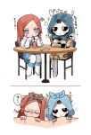  2girls android annoyed apex_legends ash_(titanfall_2) ashleigh_reid black_bow black_hairband black_sclera blue_eyes bow chibi colored_sclera cup drinking_straw dual_persona hairband highres hood hood_up lying multiple_girls nagoooon_114 pillow simulacrum_(titanfall) sitting smile translation_request under_covers v-shaped_eyebrows yellow_eyes 