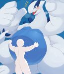  2022 5_fingers absurd_res ai_only_dream belly belly_squish big_hands blue_belly blue_body blue_eyes blush bodily_fluids breath butt fingers hands_on_belly hi_res human legendary_pok&eacute;mon looking_down lugia mammal nintendo nude open_mouth pok&eacute;mon pok&eacute;mon_(species) size_difference smaller_human squish sweat sweatdrop teeth tongue video_games white_body 