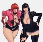  2girls absurdres black_hair blue_eyes breasts cleavage clothing_cutout collarbone eyebrows_visible_through_hair highres jewelry large_breasts long_hair looking_at_viewer mortificent multiple_girls nico_robin one_piece open_mouth shermie_(kof) smile snk the_king_of_fighters the_king_of_fighters_xv thighhighs 