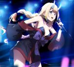  1girl bangs bare_shoulders black_gloves black_kimono blonde_hair blue_eyes blunt_bangs blurry blurry_background blush braid breasts cleavage collar collarbone eyebrows_visible_through_hair fake_horns fingerless_gloves gloves highres holding holding_microphone horns japanese_clothes kimono leaning_forward long_hair long_sleeves looking_ahead medium_breasts microphone music obi off_shoulder oni_horns open_mouth paripi_koumei sash sidelocks singing smile solo standing tsukimi_eiko twin_braids very_long_hair wide_sleeves wrist_cuffs xkirara39x 
