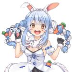  1girl abe_buson animal_ear_fluff animal_ears bangs blue_hair braid breasts bunny-shaped_pupils carrot carrot_hair_ornament cleavage controller don-chan_(usada_pekora) dress eyebrows_visible_through_hair food-themed_hair_ornament game_controller hair_ornament highres holding holding_controller holding_game_controller hololive long_hair looking_at_viewer multicolored_hair pocket rabbit_ears red_eyes short_eyebrows simple_background smile symbol-shaped_pupils teeth twin_braids twintails two-tone_hair upper_body upper_teeth usada_pekora virtual_youtuber white_background white_dress white_hair 