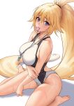  1girl arm_under_breasts bare_shoulders barefoot blue_eyes blush breasts competition_swimsuit condom condom_in_mouth condom_wrapper fate/grand_order fate_(series) feet from_side high_ponytail highres holding_own_arm jeanne_d&#039;arc_(fate) jeanne_d&#039;arc_(swimsuit_archer)_(fate) jeanne_d&#039;arc_(swimsuit_archer)_(second_ascension)_(fate) large_breasts long_hair looking_at_viewer mouth_hold official_alternate_costume one-piece_swimsuit ponytail simple_background sitting solar_(happymonk) solo swimsuit thighs very_long_hair wariza wet wet_hair whistle whistle_around_neck white_background white_swimsuit 