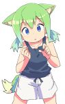  1girl animal_ear_fluff animal_ears bangs bare_arms bare_shoulders black_tank_top blue_eyes collarbone commentary_request eyebrows_visible_through_hair green_hair hair_between_eyes highres looking_at_viewer low_twintails original roku_no_hito short_shorts short_twintails shorts simple_background solo standing tail tank_top twintails white_background white_shorts 