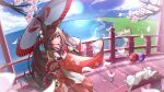  1girl absurdres amagi-chan_(azur_lane) animal_ears architecture azur_lane bangs beach bell blue_sky blunt_bangs bridge brown_hair cat cherry_blossoms cloud cloudy_sky commentary detached_sleeves east_asian_architecture eyebrows_visible_through_hair fisheye fox_ears fox_girl fox_tail from_above hair_ornament highres holding holding_umbrella horizon kyuubi lemontea_(ekvr5838) long_hair long_sleeves looking_at_viewer looking_up mountainous_horizon multiple_tails ocean off-shoulder_kimono oil-paper_umbrella petals purple_eyes rope shimenawa sidelocks sky tail tree twintails umbrella wide_sleeves wind 