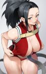  1girl :d absurdres areola_slip areolae bare_arms black_hair boku_no_hero_academia breasts covered_nipples forehead from_above grey_eyes highres large_breasts leaning_forward leotard leotard_pull looking_at_viewer open_mouth ponytail pulled_by_self red_leotard smile solo suspenders thighs yaoyorozu_momo yoshio_(55level) 