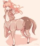  1girl :d animal_ears bangs belt bike_shorts blush bomber_jacket centaur commentary_request crop_top dog_tags ear_ribbon eyebrows_visible_through_hair flat_chest floating_hair full_body hair_between_eyes hand_in_pocket highres horse_ears horse_tail jacket long_hair long_sleeves looking_at_viewer mayano_top_gun_(umamusume) monster_girl monsterification multiple_legs navel ooba_jun open_clothes open_jacket open_mouth partial_commentary shadow shirt sidelocks smile solo standing standing_on_three_legs stomach tail taur twitter_username two_side_up umamusume v 