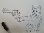  absurd_res anthro axel canid canine gun handgun hi_res holding_object holding_weapon male mammal ranged_weapon revolver simple_background sketch solo traditional_media_(artwork) weapon wolfyalex96_(artist) 